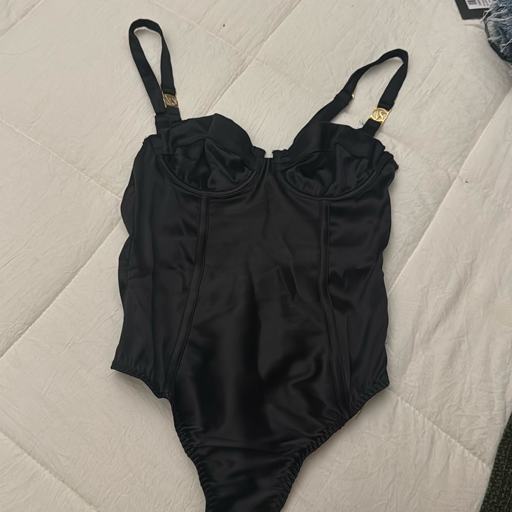 Black Victoria’s Secret, bodysuit, lingerie, sexy, gold silk satin